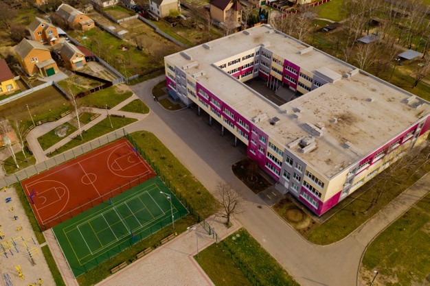 Aerial View Typical Ukrainian School With New Sports Grounds 149301 782